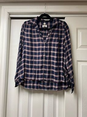 LOFT Navy Plaid Button-Down Shirt with Red and White Accents
